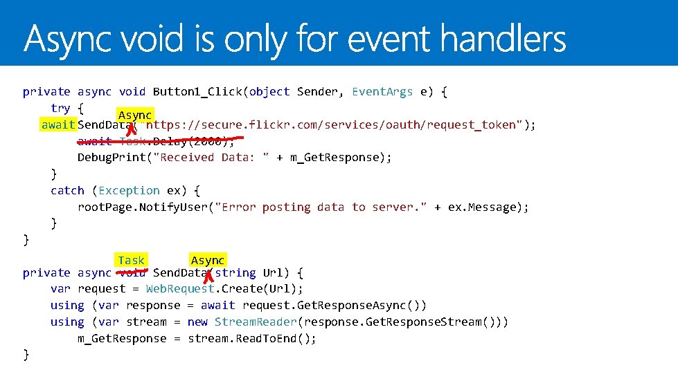 private async void Button 1_Click(object Sender, Event. Args e) { try { Async await private async void Button 1_Click(object Sender, Event. Args e) { try { Async await