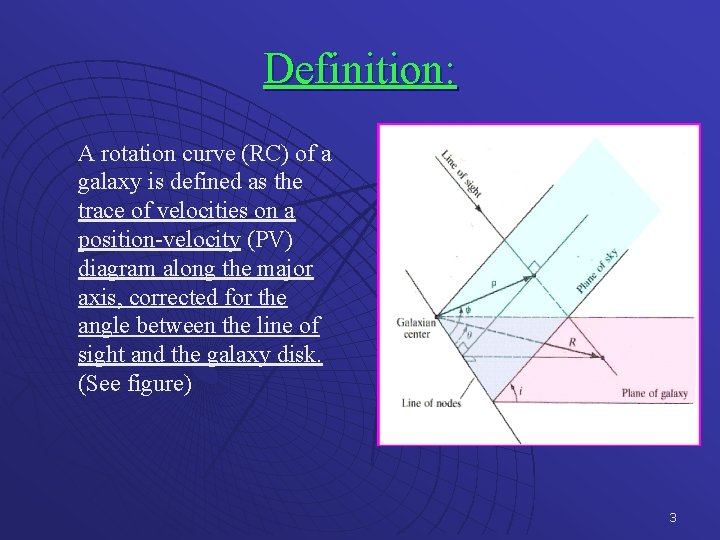Definition: A rotation curve (RC) of a galaxy is defined as the trace of