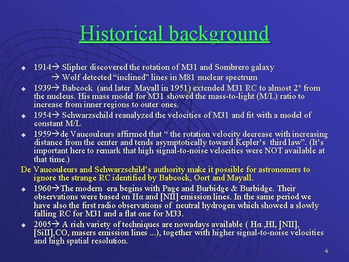 Historical background 1914 Slipher discovered the rotation of M 31 and Sombrero galaxy Wolf
