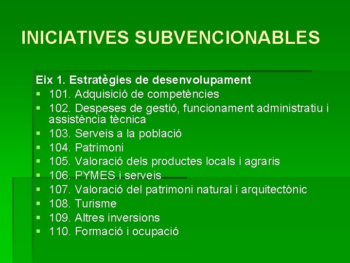 INICIATIVES SUBVENCIONABLES Eix 1. Estratègies de desenvolupament § 101. Adquisició de competències § 102.