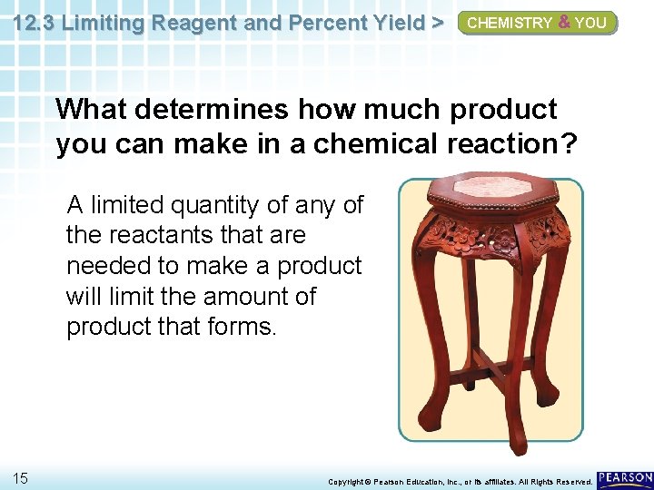 12. 3 Limiting Reagent and Percent Yield > CHEMISTRY & YOU What determines how