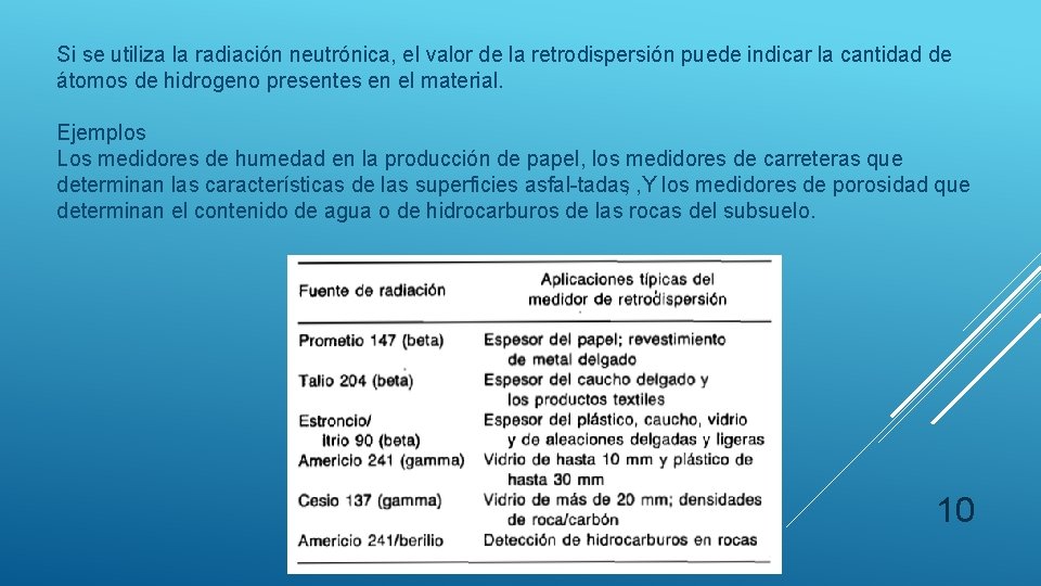 Si se utiliza la radiación neutrónica, el valor de la retrodispersión puede indicar la