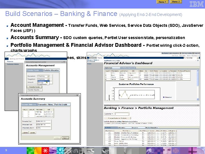 Demo 1 Demo 2 Build Scenarios – Banking & Finance (Applying End-2 -End Development) Demo 1 Demo 2 Build Scenarios – Banking & Finance (Applying End-2 -End Development)