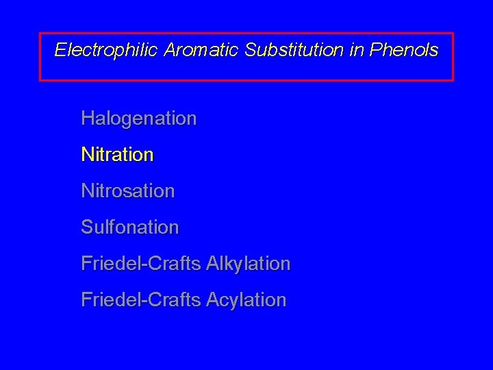 Electrophilic Aromatic Substitution in Phenols Halogenation Nitrosation Sulfonation Friedel-Crafts Alkylation Friedel-Crafts Acylation 