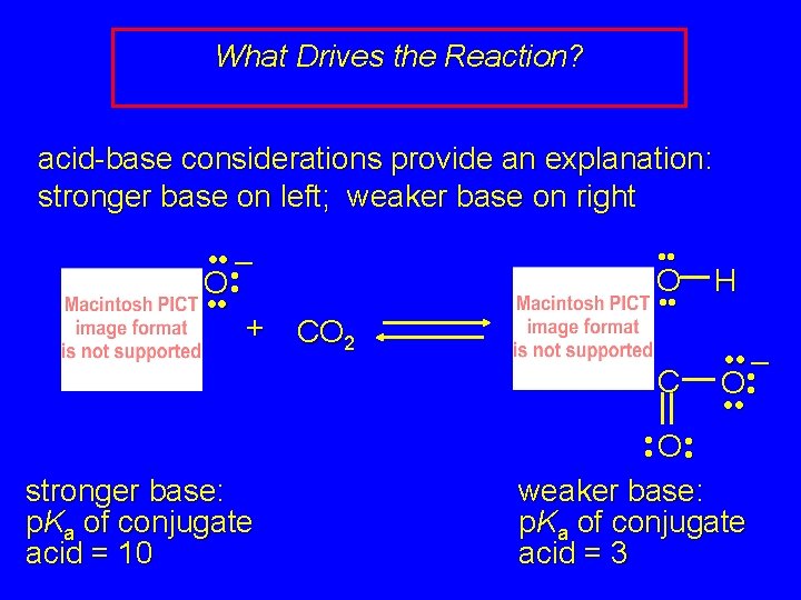 What Drives the Reaction? acid-base considerations provide an explanation: stronger base on left; weaker