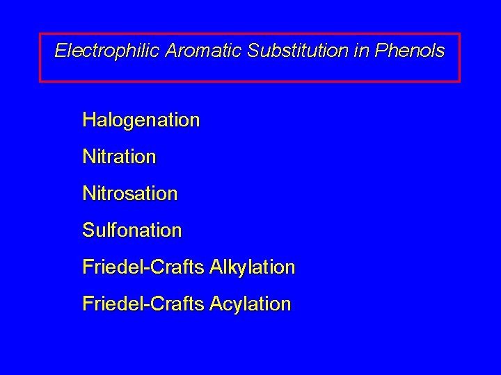 Electrophilic Aromatic Substitution in Phenols Halogenation Nitrosation Sulfonation Friedel-Crafts Alkylation Friedel-Crafts Acylation 