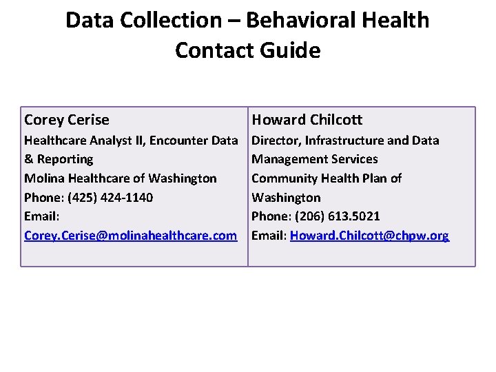 Data Collection – Behavioral Health Contact Guide Corey Cerise Howard Chilcott Healthcare Analyst II,