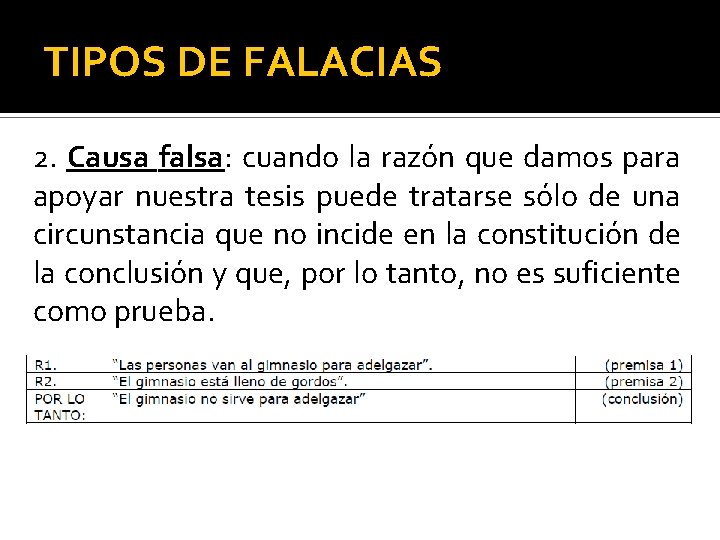 TIPOS DE FALACIAS 2. Causa falsa: cuando la razón que damos para apoyar nuestra