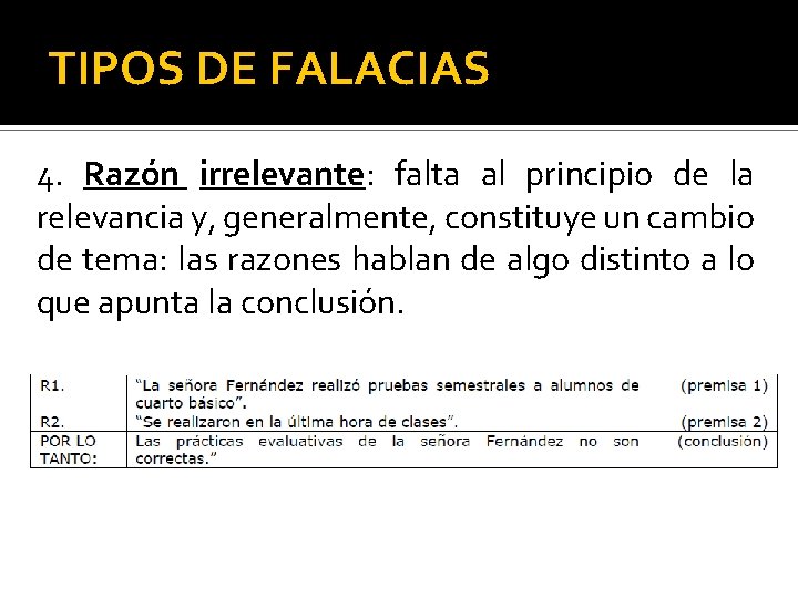 TIPOS DE FALACIAS 4. Razón irrelevante: falta al principio de la relevancia y, generalmente,