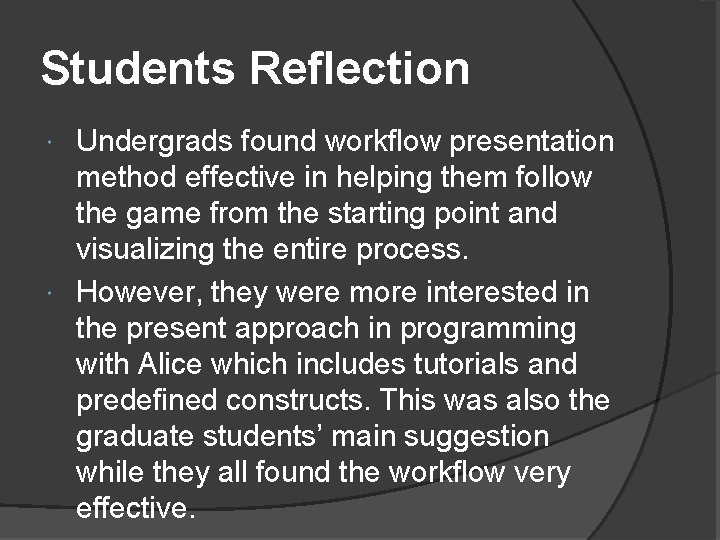 Students Reflection Undergrads found workflow presentation method effective in helping them follow the game