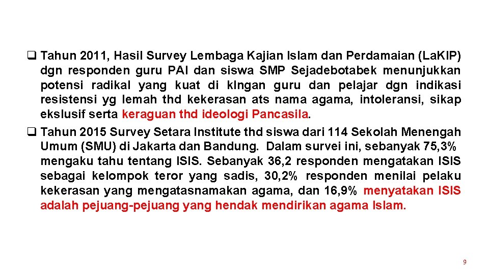 q Tahun 2011, Hasil Survey Lembaga Kajian Islam dan Perdamaian (La. KIP) dgn responden