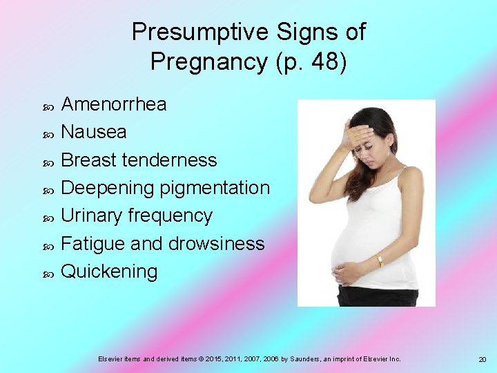 Presumptive Signs of Pregnancy (p. 48) Amenorrhea Nausea Breast tenderness Deepening pigmentation Urinary frequency