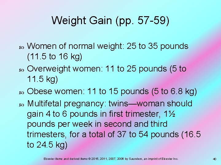 Weight Gain (pp. 57 -59) Women of normal weight: 25 to 35 pounds (11.