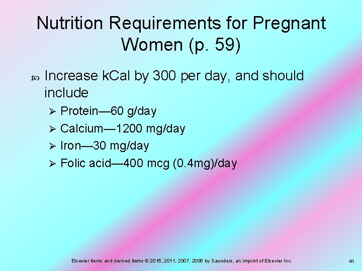 Nutrition Requirements for Pregnant Women (p. 59) Increase k. Cal by 300 per day,