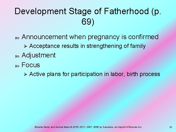 Development Stage of Fatherhood (p. 69) Announcement when pregnancy is confirmed Ø Acceptance results