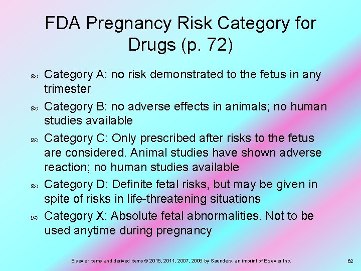 FDA Pregnancy Risk Category for Drugs (p. 72) Category A: no risk demonstrated to