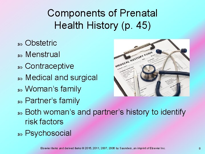 Components of Prenatal Health History (p. 45) Obstetric Menstrual Contraceptive Medical and surgical Woman’s