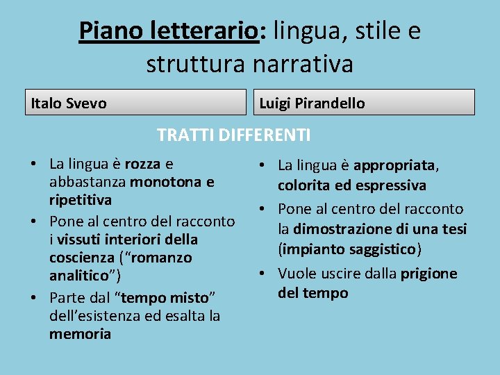 Piano letterario: lingua, stile e struttura narrativa Italo Svevo Luigi Pirandello TRATTI DIFFERENTI •