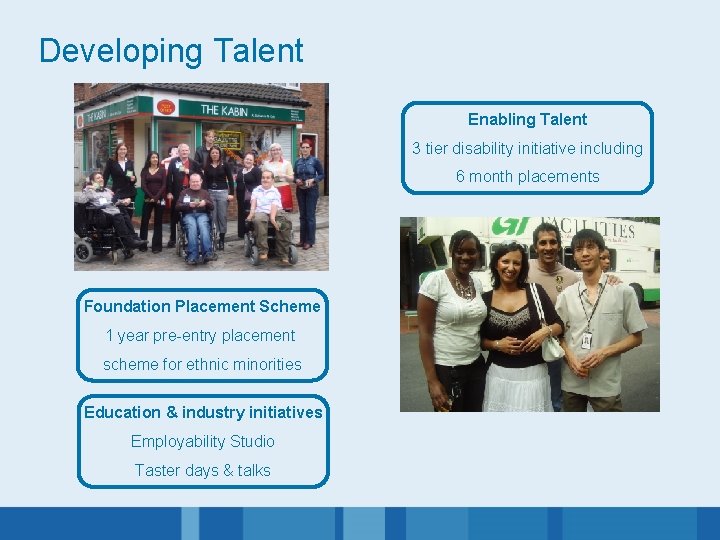 Developing Talent Enabling Talent 3 tier disability initiative including 6 month placements Foundation Placement