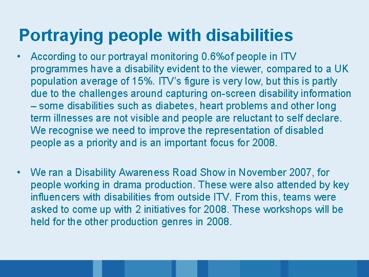 Portraying people with disabilities • According to our portrayal monitoring 0. 6%of people in