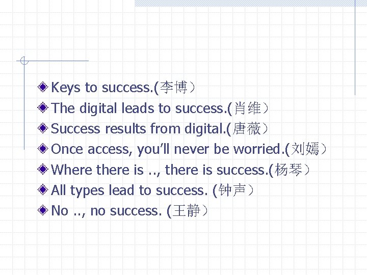 Keys to success. (李博） The digital leads to success. (肖维） Success results from digital.