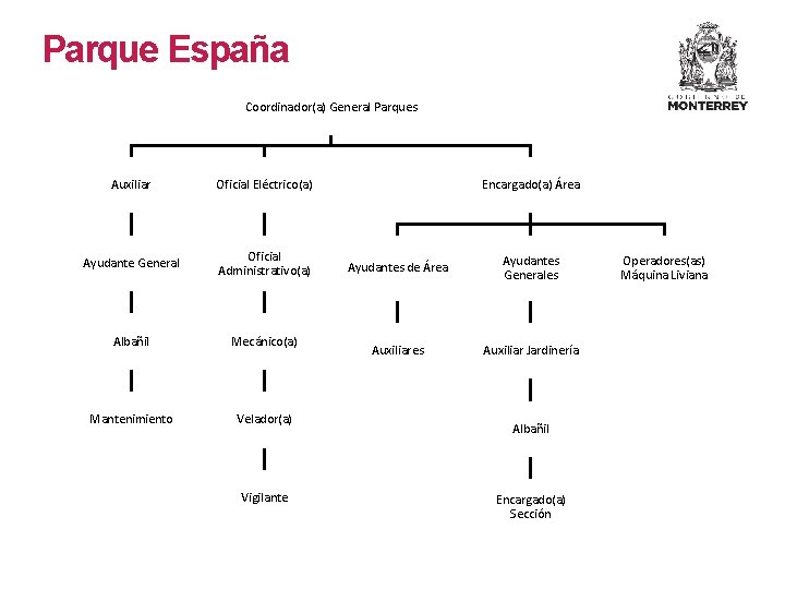 Parque España Coordinador(a) General Parques Auxiliar Oficial Eléctrico(a) Ayudante General Oficial Administrativo(a) Albañil Mecánico(a)