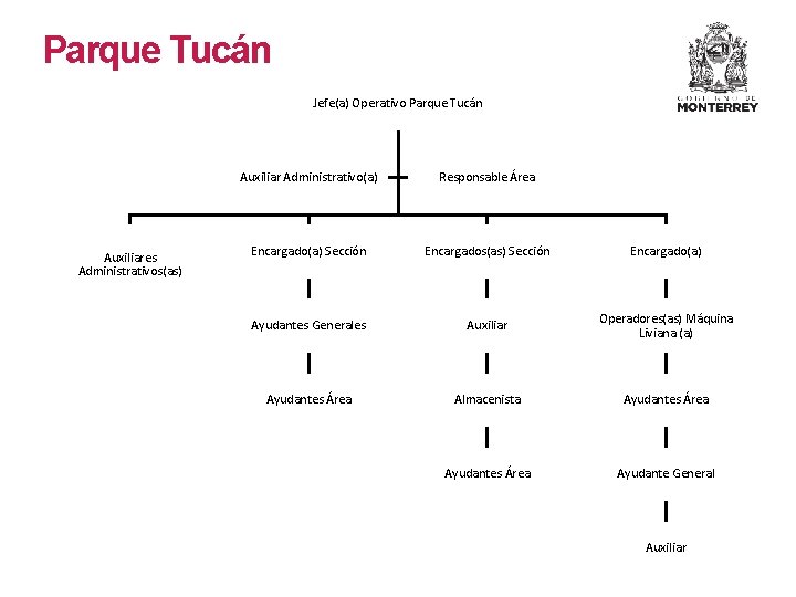 Parque Tucán Jefe(a) Operativo Parque Tucán Auxiliares Administrativos(as) Auxiliar Administrativo(a) Responsable Área Encargado(a) Sección