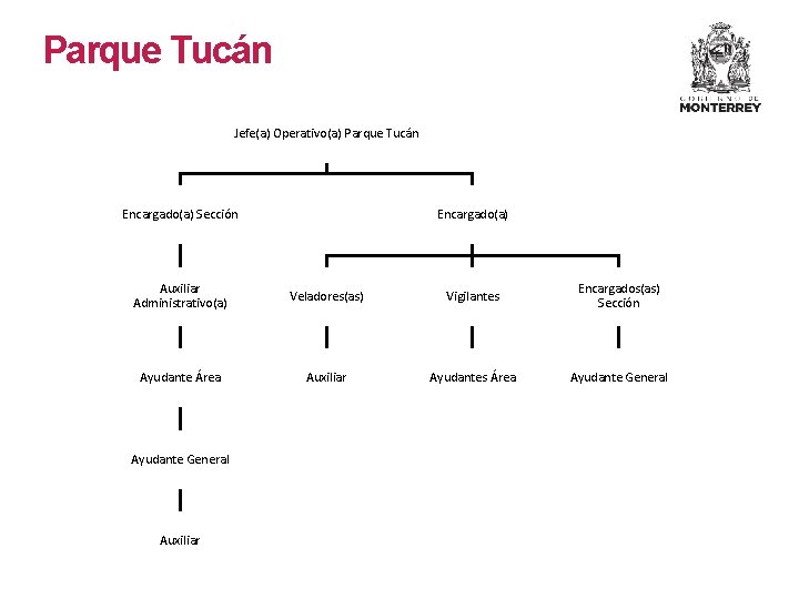 Parque Tucán Jefe(a) Operativo(a) Parque Tucán Encargado(a) Sección Encargado(a) Auxiliar Administrativo(a) Veladores(as) Vigilantes Encargados(as)