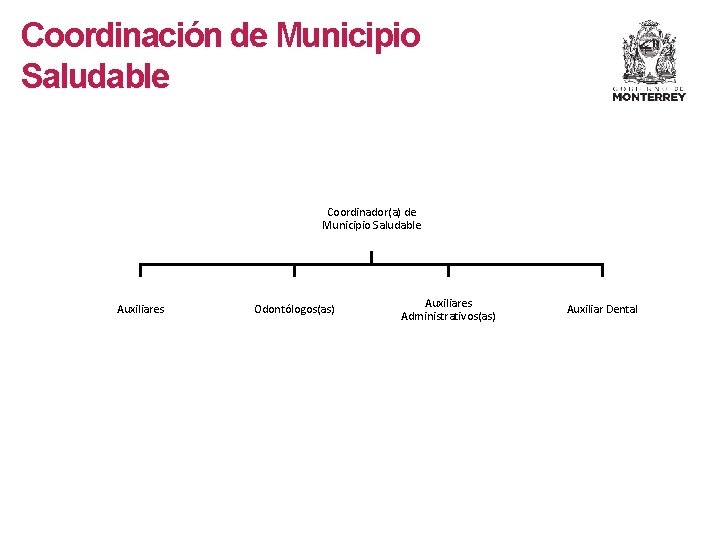 Coordinación de Municipio Saludable Coordinador(a) de Municipio Saludable Auxiliares Odontólogos(as) Auxiliares Administrativos(as) Auxiliar Dental