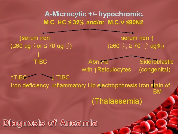 A-Microcytic +/- hypochromic. M. C. HC ≤ 32% and/or M. C. V ≤ 80