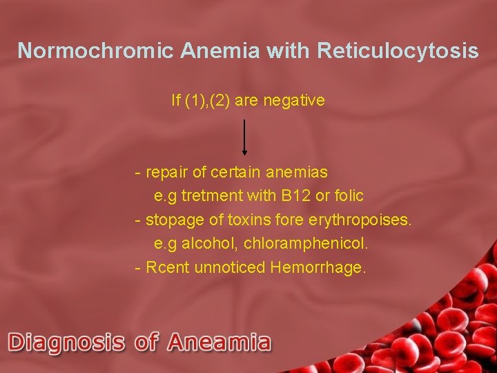 Normochromic Anemia with Reticulocytosis If (1), (2) are negative - repair of certain anemias