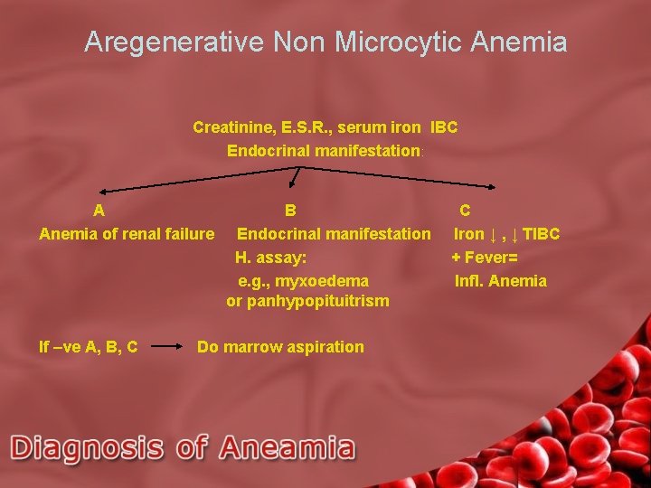 Aregenerative Non Microcytic Anemia Creatinine, E. S. R. , serum iron IBC Endocrinal manifestation: