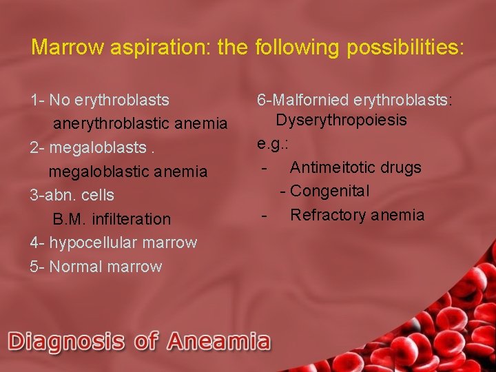 Marrow aspiration: the following possibilities: 1 - No erythroblasts anerythroblastic anemia 2 - megaloblasts.