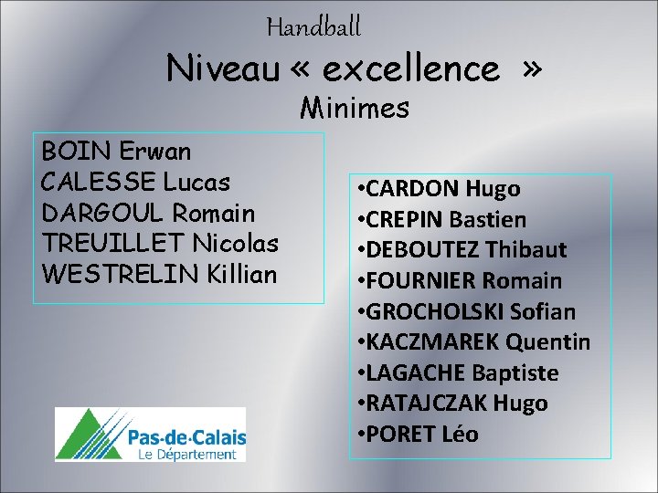 Handball Niveau « excellence » Minimes BOIN Erwan CALESSE Lucas DARGOUL Romain TREUILLET Nicolas