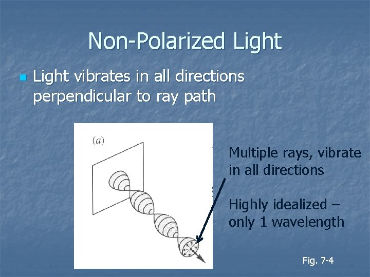 Non-Polarized Light n Light vibrates in all directions perpendicular to ray path Multiple rays,