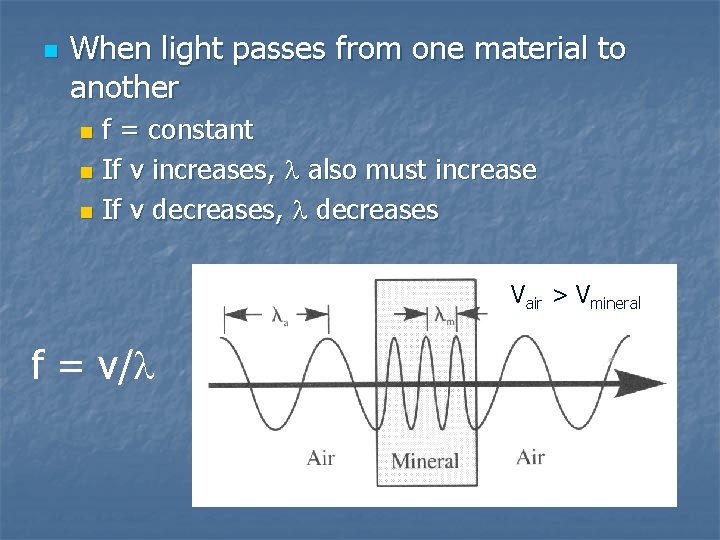 n When light passes from one material to another f = constant n If