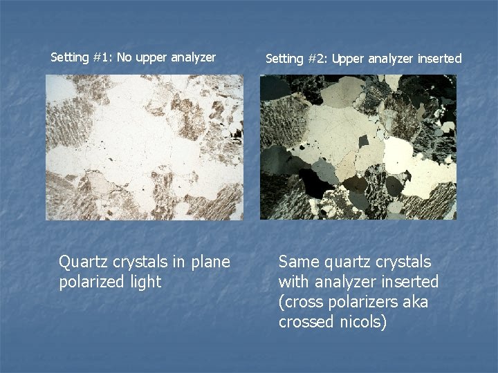 Setting #1: No upper analyzer Quartz crystals in plane polarized light Setting #2: Upper
