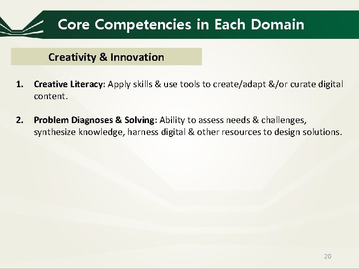 Core Competencies in Each Domain Creativity & Innovation 1. Creative Literacy: Apply skills &