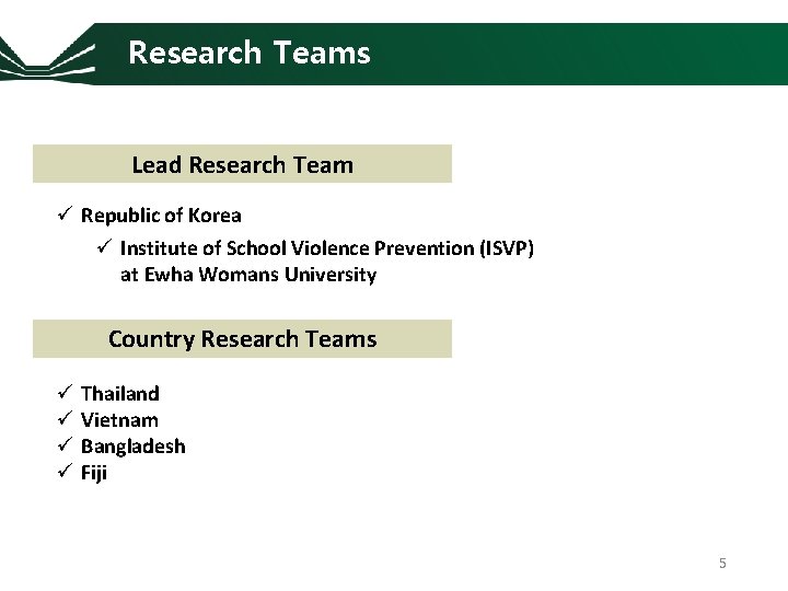 Research Teams Lead Research Team ü Republic of Korea ü Institute of School Violence