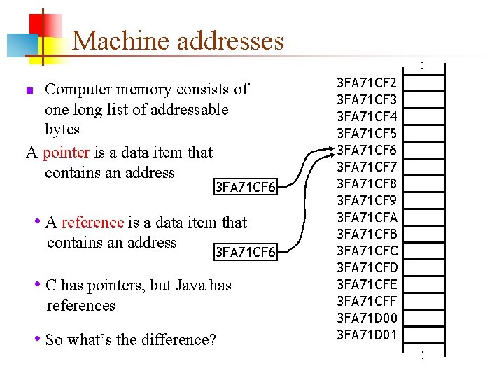 Machine addresses Computer memory consists of one long list of addressable bytes A pointer