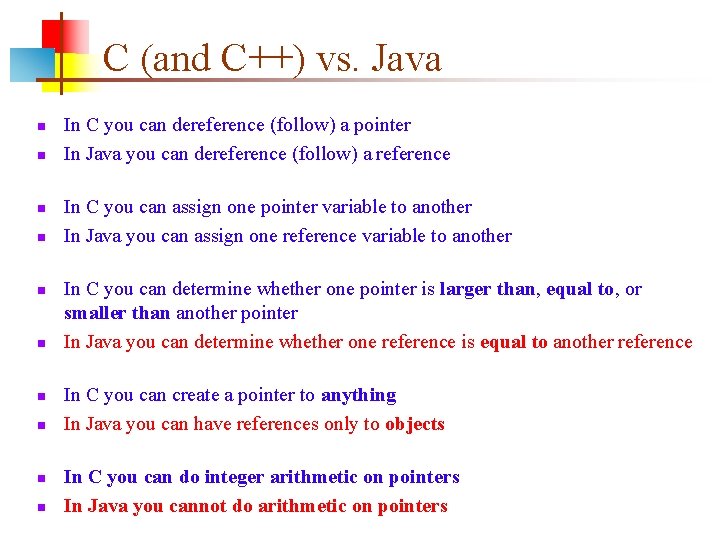 C (and C++) vs. Java In C you can dereference (follow) a pointer In