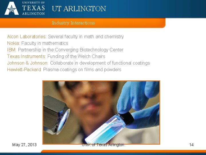 UT ARLINGTON Industry Interactions Alcon Laboratories: Several faculty in math and chemistry Nokia: Faculty