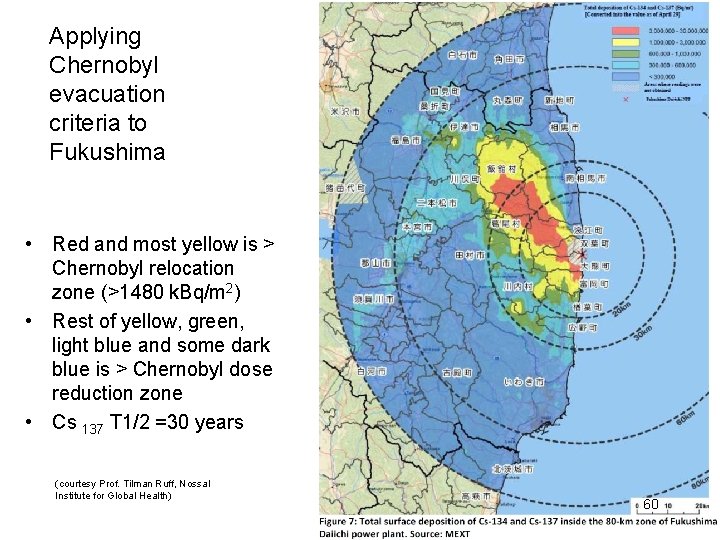 Applying Chernobyl evacuation criteria to Fukushima • Red and most yellow is > Chernobyl