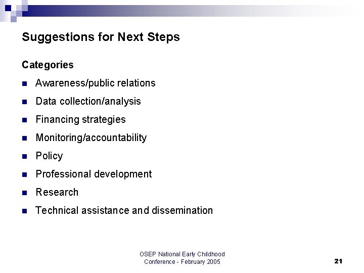 Suggestions for Next Steps Categories n Awareness/public relations n Data collection/analysis n Financing strategies