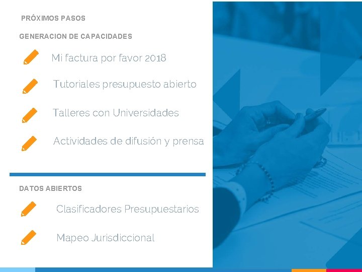 PRÓXIMOS PASOS GENERACION DE CAPACIDADES Mi factura por favor 2018 Tutoriales presupuesto abierto Talleres