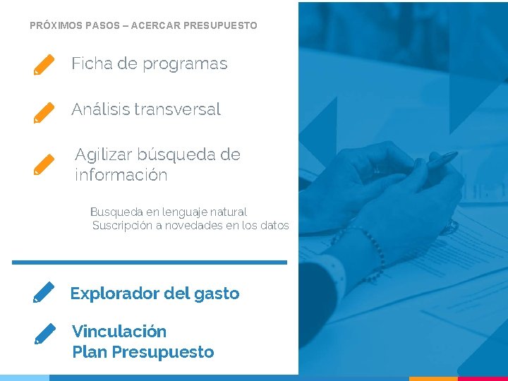 PRÓXIMOS PASOS – ACERCAR PRESUPUESTO Ficha de programas Análisis transversal Agilizar búsqueda de información