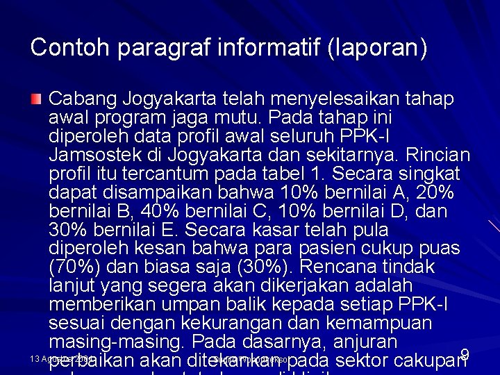 Contoh paragraf informatif (laporan) Cabang Jogyakarta telah menyelesaikan tahap awal program jaga mutu. Pada