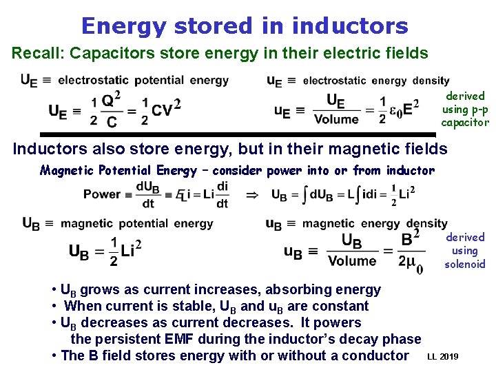 Energy stored in inductors Recall: Capacitors store energy in their electric fields derived using