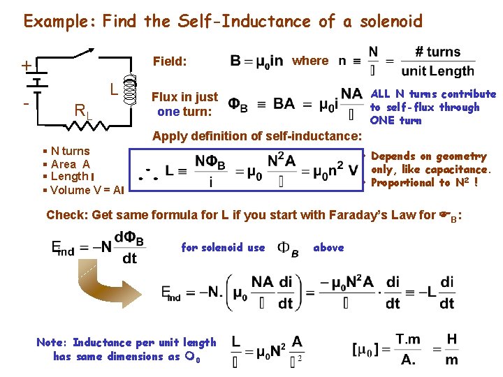 Example: Find the Self-Inductance of a solenoid Field: + - L RL where ALL