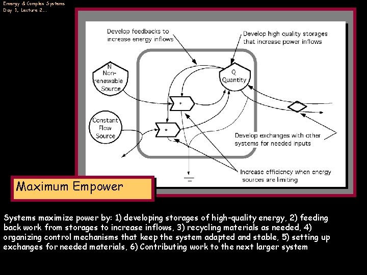 Emergy & Complex Systems Day 1, Lecture 2…. Maximum Empower Systems maximize power by: